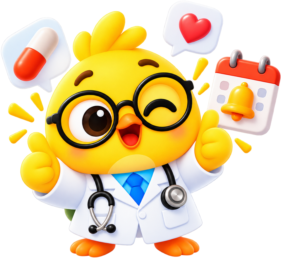 Dr. Cooper, a yellow chick in a white coat, glasses and stethoscope, waving beside reminder icons.