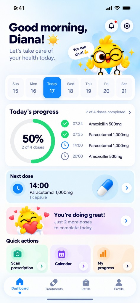 Conny Cooper Home screen with today’s treatment progress, next scheduled dose and Dr. Cooper.