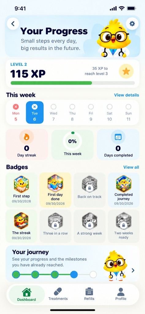 Conny Cooper Progress screen with XP, weekly activity, badges and a journey timeline.